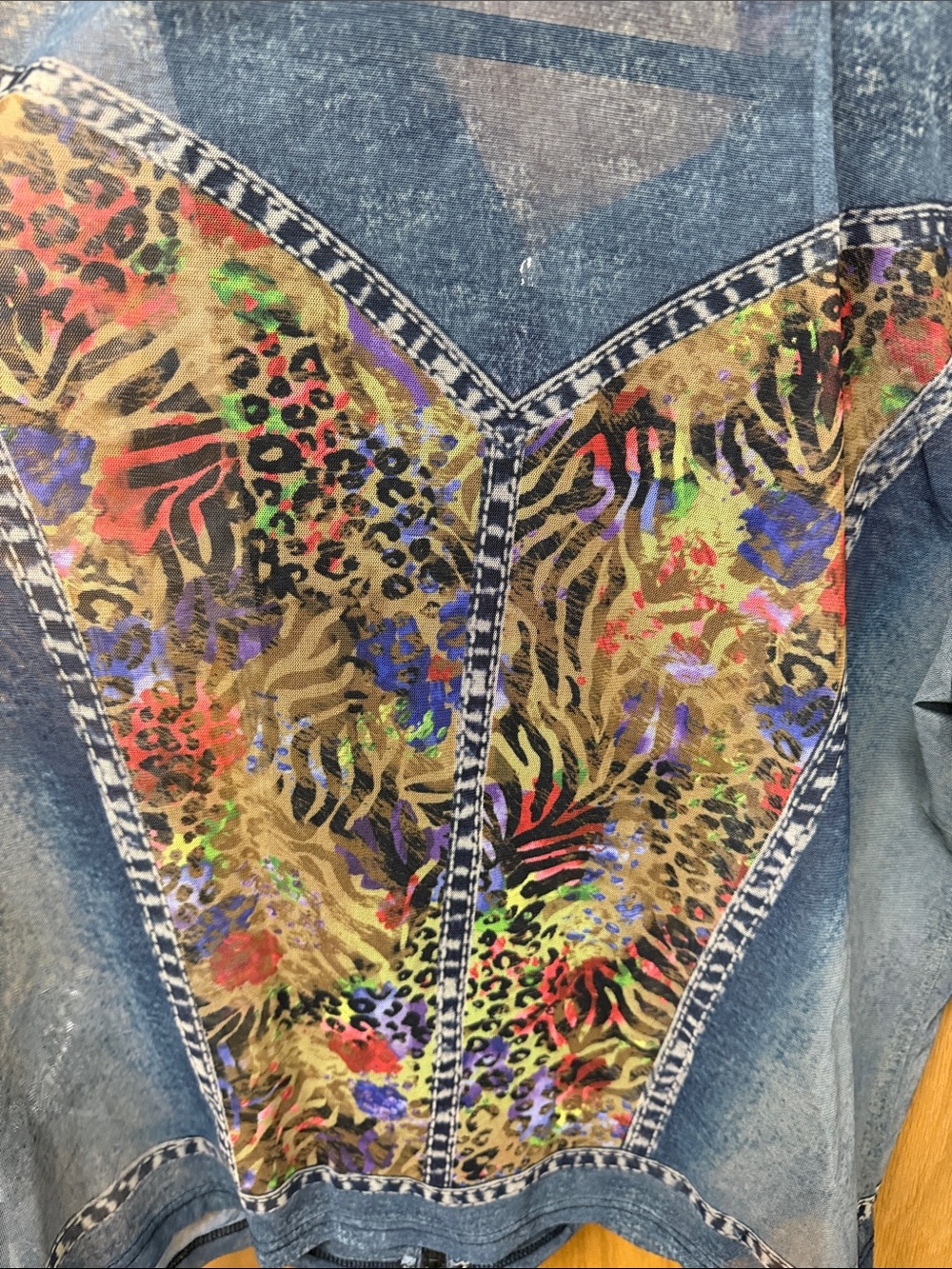 John Mark MESH Sheer Blue Denim PRINTED Jacket with Multicolor Floral Trim - Picture 7 of 14